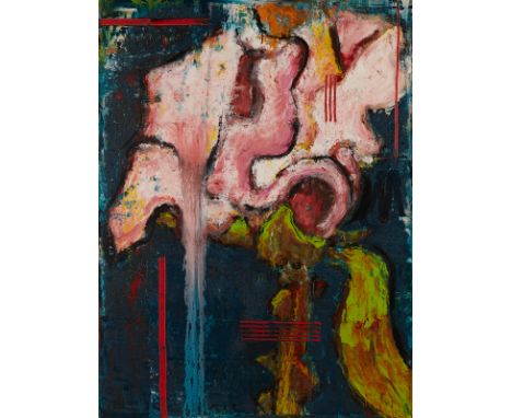 Aaron Fink (American, b. 1955). Oil on linen painting titled "Pink Rose (Teal Ground)" depicting a blooming flower, 2002. Sig