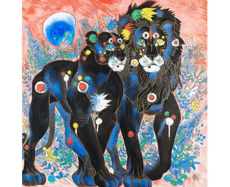 Tiefeng Jiang (Chinese, b. 1938). Serigraph titled "Royal Couple" depicting two black lions with pops of bright color surroun