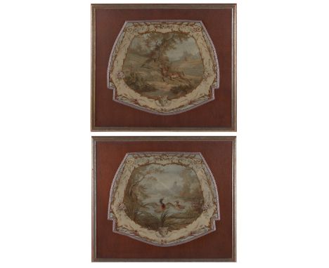 Pair of French Aubusson tapestry fragments, possibly seat covers, 18th century. Both depicting wildlife and hunting scenes. O