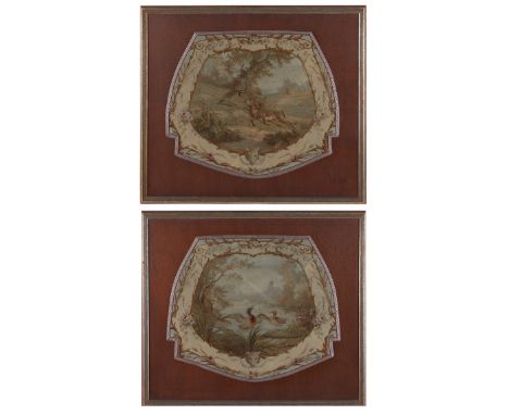 Pair of French Aubusson tapestry fragments, possibly seat covers, 18th century. Both depicting wildlife and hunting scenes. O