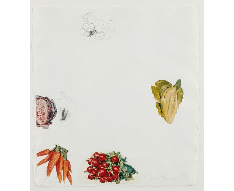Jim Dine (American, b. 1935). Lithograph and collage on paper titled "Vegetables" depicting a group of vegetables, ca. 1970. 