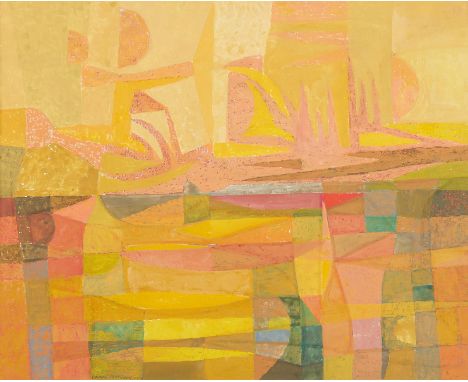 George Morrison (Ojibwe, 1919-2000). Gouache paper titled "Mirrored Image" depicting an abstracted layered landscape in rich 