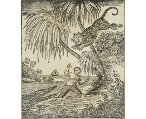 Antique lithograph depicting a man in water. A crocodile or alligator attacks him from the water while a tiger leaps from abo