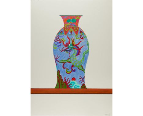 Ed Baynard (American, 1940-2016). Watercolor on Arches paper painting titled "China" depicting a vase on a shelf decorated wi