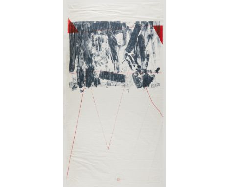 Steven Sorman (American, b. 1948). Mixed media lithograph titled "Span" depicting an abstract scene in gray-blue with pops of