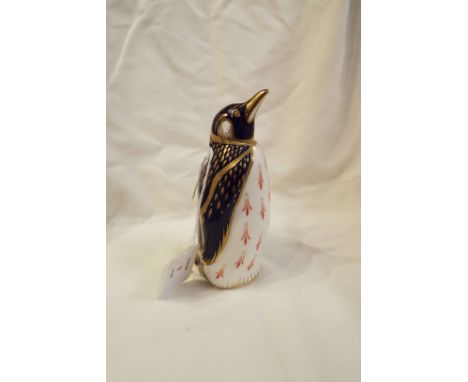 A Royal Crown Derby Imari patterned hand-painted 'Emperor Penguin' paperweight, marks to base ceramic stopper