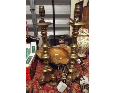 A pair of brass pricket candlestick style table lamps