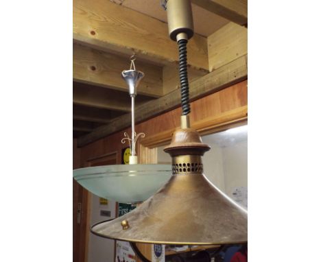 A 1930s frosted glass and chrome bowl shaped ceiling light, together with a brass rise and fall ceiling light