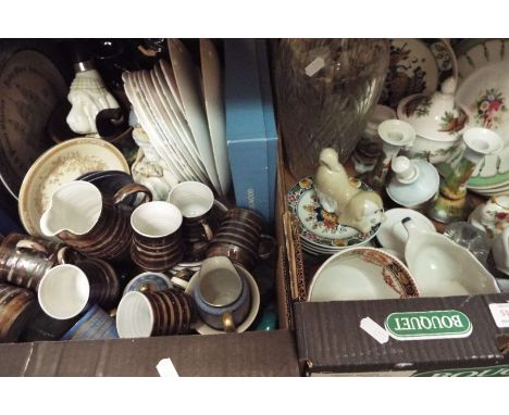 Two boxes of assorted ceramics and glass to include Spode collector's plates, a Victorian hand painted dressing table set, Ci