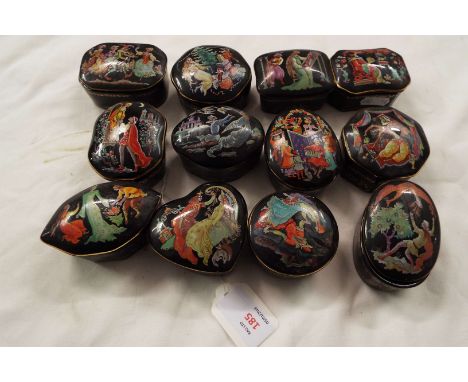 Twelve Franklin Mint musical trinket boxes with pictorial scenes to lid to include 'Sleeping Beauty', 'Firebird', 'Romeo and 