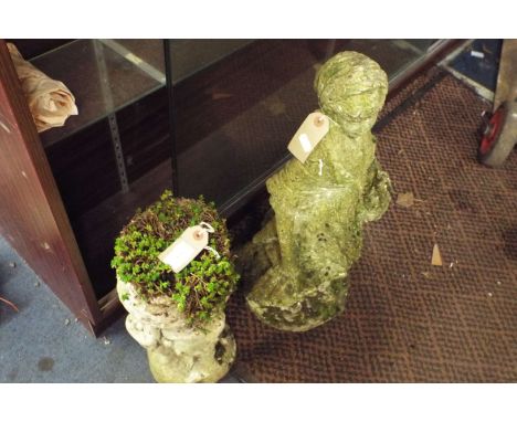A stoneware planter depicting three children holding a basket together with a stoneware figure of a 19thC female 