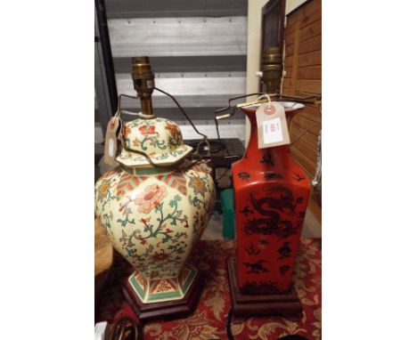 A red ground Chinese table lamp decorated with Imperial Dragons together with a floral decorated table lamp in the form of a 