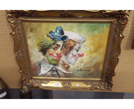 WILLIAM MONINET (1937 - 1999) oil on canvas portrait of two clowns, signed to lower right and set into an ornate gilt frame