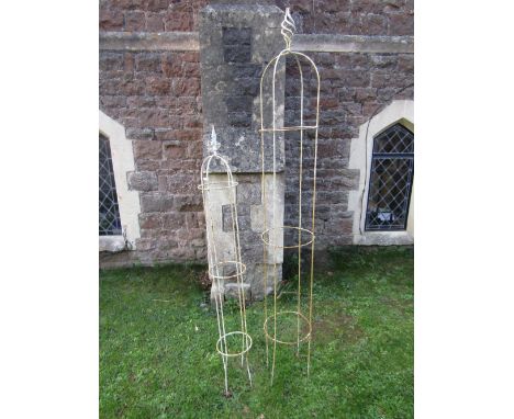 A simple light steel framed garden obelisk with weathered painted finish and open twist finial, 180 cm high approx, together 