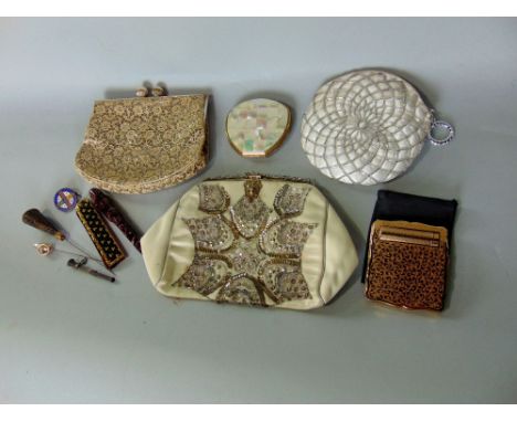 A Basting's Pneumatic vintage fountain pen, a Victorian enamel florin piece,with a collection of vintage evening purses and b