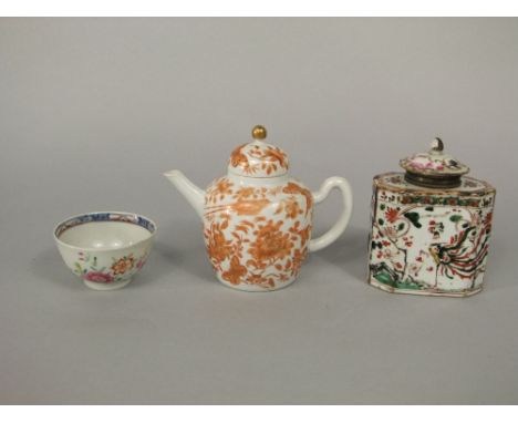 An early 19th century oriental caddy and cover (cover possibly associated) the body with famille verte bird and floral decora