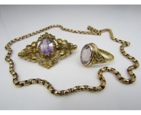 A 9ct chain - 11.9g, together with an attractive faceted amethyst dress ring in unmarked gold, size R and a further amethyst 