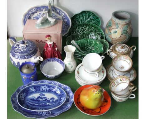 A collection of ceramics including a Royal Worcester figure, Grandmothers Dress, a Poole pottery orange ground bowl with abst