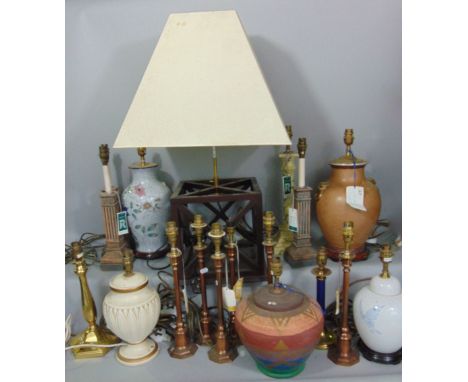 A large collection of modern table lamps to include various copper examples, Corinthian column examples, ceramic baluster lam