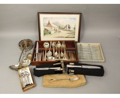 A large collection of various Priestly and Moore limited flatware, large silver plated ladle, silver plated wine coaster etc