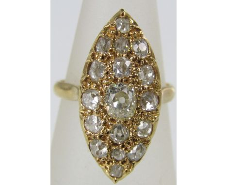 An impressive French diamond marquise ring in 18ct gold with eagle head stamp to outer shank, largest stone 0.25cts approx, s