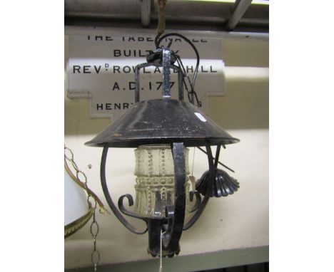 A hanging ironwork ceiling light with simple scroll detail and mottled plafonnier shade, together with one other (2)