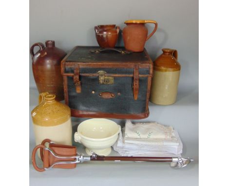 A mixed miscellaneous lot to include various stoneware jars, a shooting stick, a leather trunk, etc