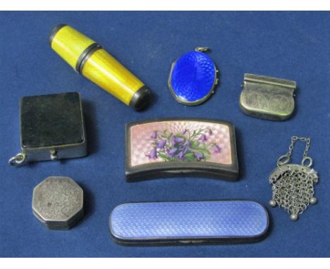 A collection of various pill boxes to include white metal guilloche enamel topped example, decorated with a floral spray, fur