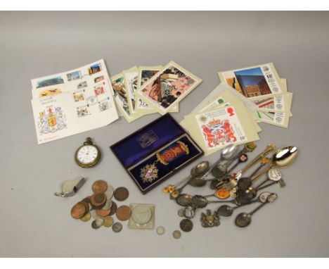 An Empire pocket watch, 1887 silver shilling, Thunderer whistle, sundry coinage, silver and enamel RAOB medallion, etc