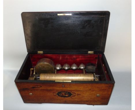 A good large 19th century rosewood and boxwood inlaid music box, the hinged lid enclosing an interior fitted with four bells,