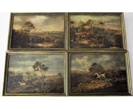 19th century - A set of four hunting engravings with over painted finish, 16 x 24cm, all framed, together with a Parian type 