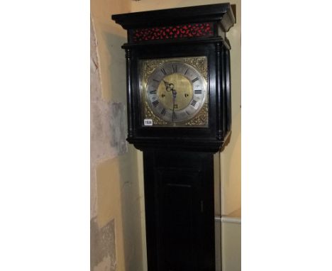 Cottage size longcase clock the panelled and ebonised case, the square brass dial with silvered chapter ring and cast brass s