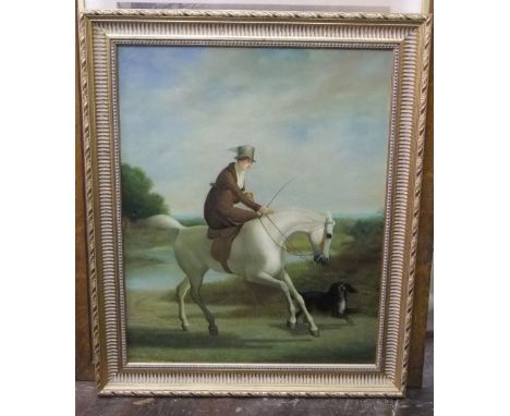 19th century contemporary study - Equestrian portrait on canvas of a woman riding side saddle accompanied by a spaniel, 75 x 