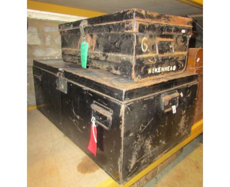 A Victorian tin trunk with simulated wood grain finish, together with two Japanned tin trunks of varying size (3)