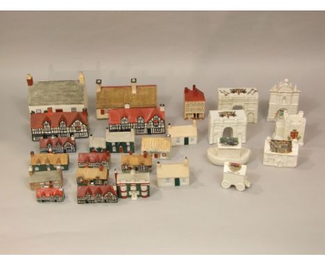 A quantity of WH Goss model buildings including A Window in Thrums, Robert Burn's Cottage, Charles Dickens House, etc, togeth