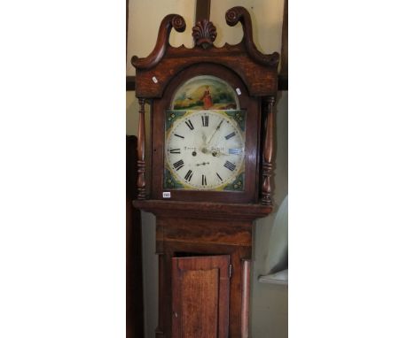 Mid 19th century oak and mahogany longcase clock with turned column supports and swan neck frieze, broken arch painted dial w