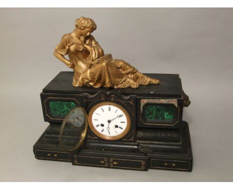 19th century black slate mantle clock, mounted by a gilt metal figure of a reclining maiden, the case fitted with two malachi