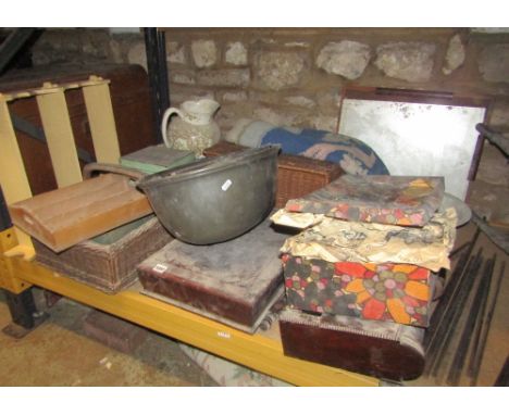 One lot of miscellaneous items to include a graduated set of three pewter meat covers/domes, a vacant mahogany cutlery cantee