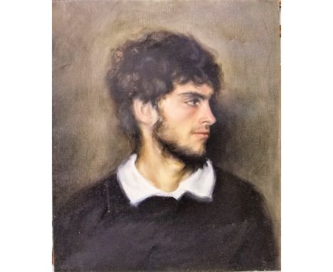 20th century - Profile shoulder length portrait of a bearded young man, oil on canvas, 60 x 50cm, unframed
