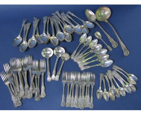 A large quantity of Georgian and later silver Kings pattern flatware comprising eleven teaspoons, eight dessert forks, eight 