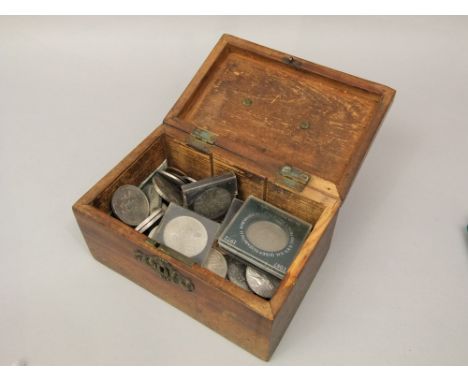 A Georgian mahogany caddy containing a mixed collection of English coins from the 20th century 