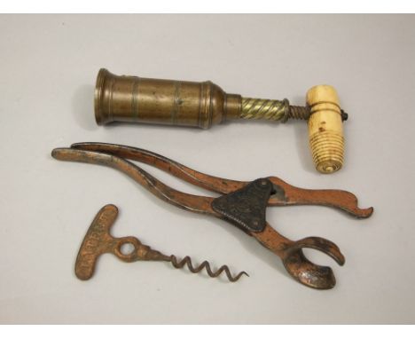 Victorian Dowler double screw mechanical corkscrew and a pair of London Lever pliers type corkscrew