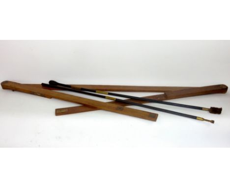 WWI Period military surveyors triangular level/ruler by MDS Ltd with plumb bob and brass fittings and two rifle barrel cleani