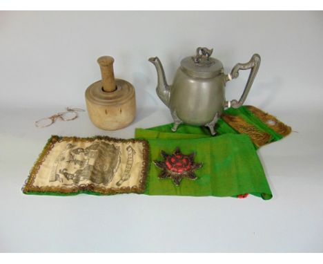 A substantial 19th century beechwood butter mould showing a thistle, a Victorian pewter teapot and a Victorian Ancient Order 