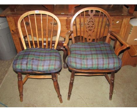 A pair of Windsor elm and beechwood wheelback open elbow chairs together with three 19th century hoop and stick back examples