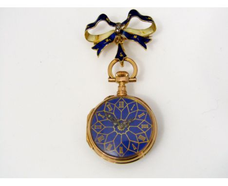 Fine 19th century ladies 18ct gold fob watch, by Froment Meurice, the blue enamel dial with gilt flower head decoration fitte