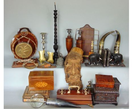 Two boxes of miscellaneous effects including carved wood boxes, brass table lamp with wrythen fluted stem, Indian ebony eleph