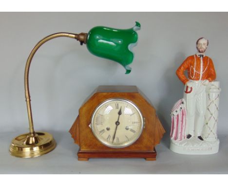 A 19th century Staffordshire figure of Garibaldi, an art deco mantle clock with walnut case, a brass students lamp with flexi