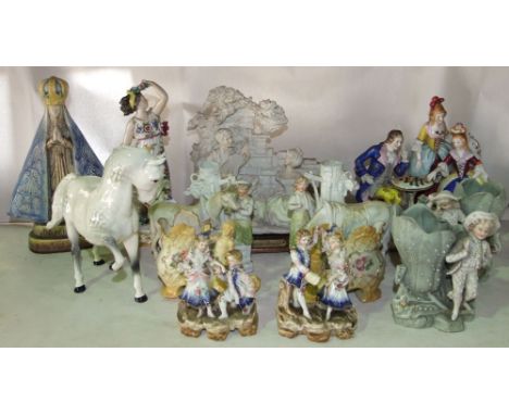 A collection of 19th century and later continental and other ceramic figure groups including a group of ladies and gentlemen 