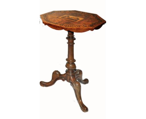 A 19th century Tunbridgeware occasional table, the octagonal top with burr walnut finish, trailing floral Tunbridgeware band,